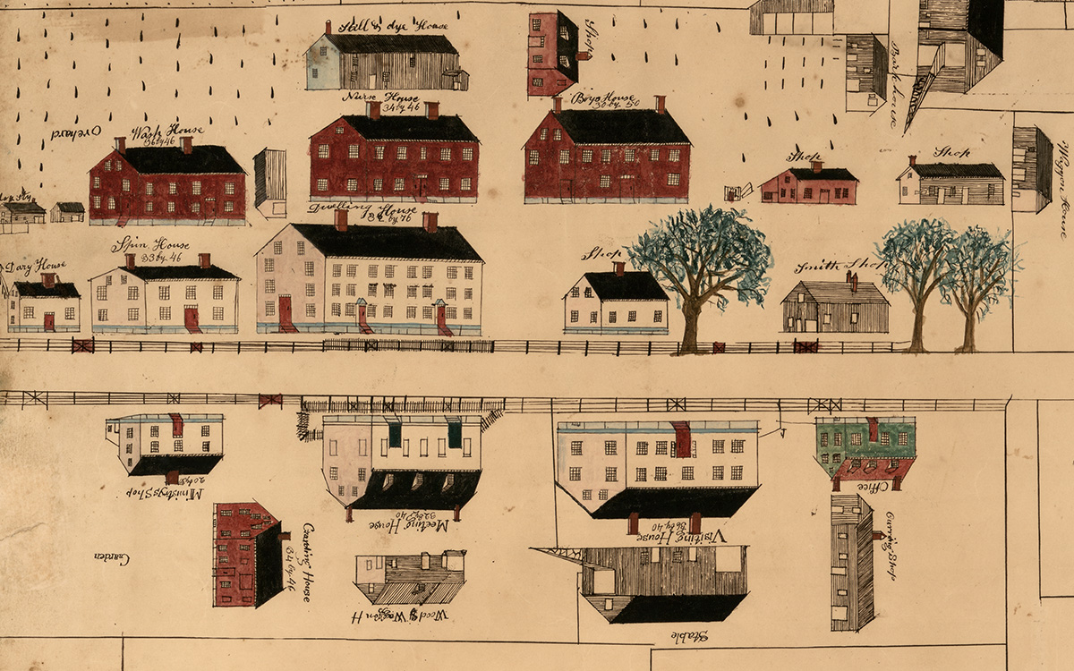 2024-06d Eddy and Shakers Hand-drawn map on aged, yellowed paper, showing renderings of several New England-style buildings and houses. The buildings have labels such as "Shop," "Smith Shop," "Dwelling House," "Meeting House," etcetera. Trees and fences are also shown, and a section of the map with no buildings is labeled "Orchard."