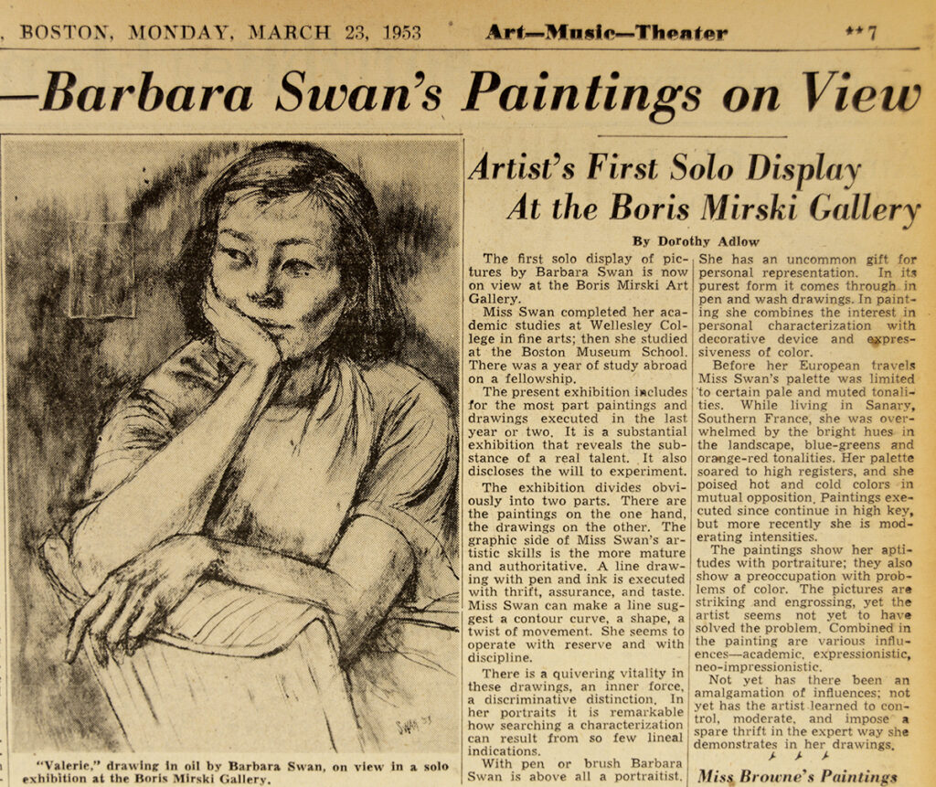 Sepia-toned scan of a page from a print newspaper, showing an article written by Dorothy Adlow that includes a portrait of a woman painted by artist Barbara Swan.