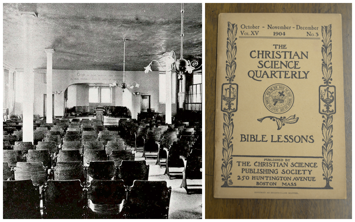 2024-08c From the Papers Collage: On the left, a black and white image of a Sunday school auditorium while not in session, located in the vestry of the Original Edifice of The Mother Church. The photo is taken from the back of the room, showing a space filled with chairs. On the right, a photo of a Christian Science Quarterly from 1904. The quarterly is beige-colored with text and a decorative border.