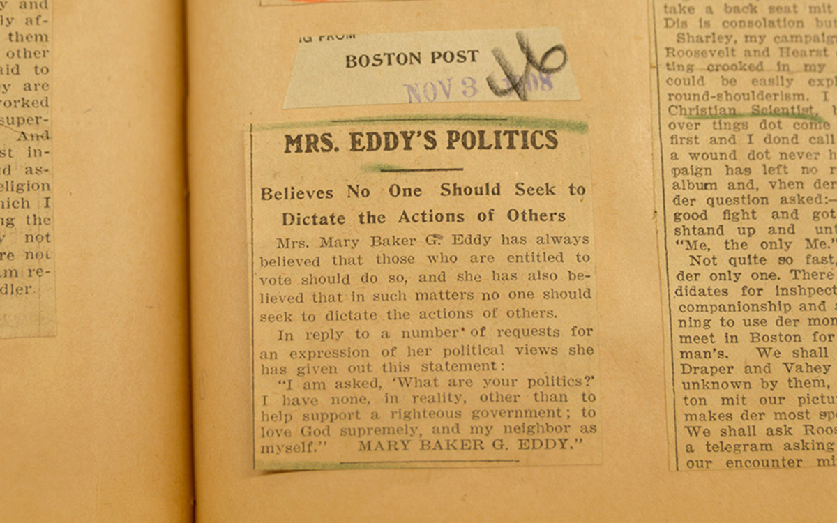 2024-09b Politics - FINAL Image: Part of a yellowed scrapbook page with a clipping from The Boston Post.