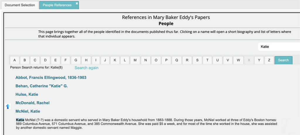 Image: Screenshot of the People Reference List on the Mary Baker Eddy Papers website.