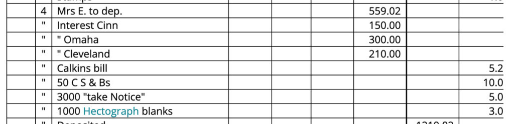 Image: Part of a digitized version of an expense entries chart in Frye's account book. The entry "1000 Hectograph blanks" for $3.00 is visible.