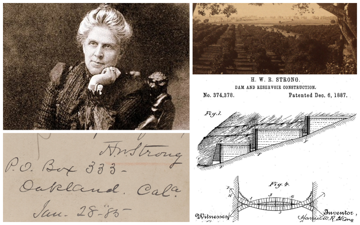 Harriet Strong 11.11.24 Collage with photo of Harriet R. Strong; CA orange groves; HRS patent; HRS letter to MBE 1/28/1885
