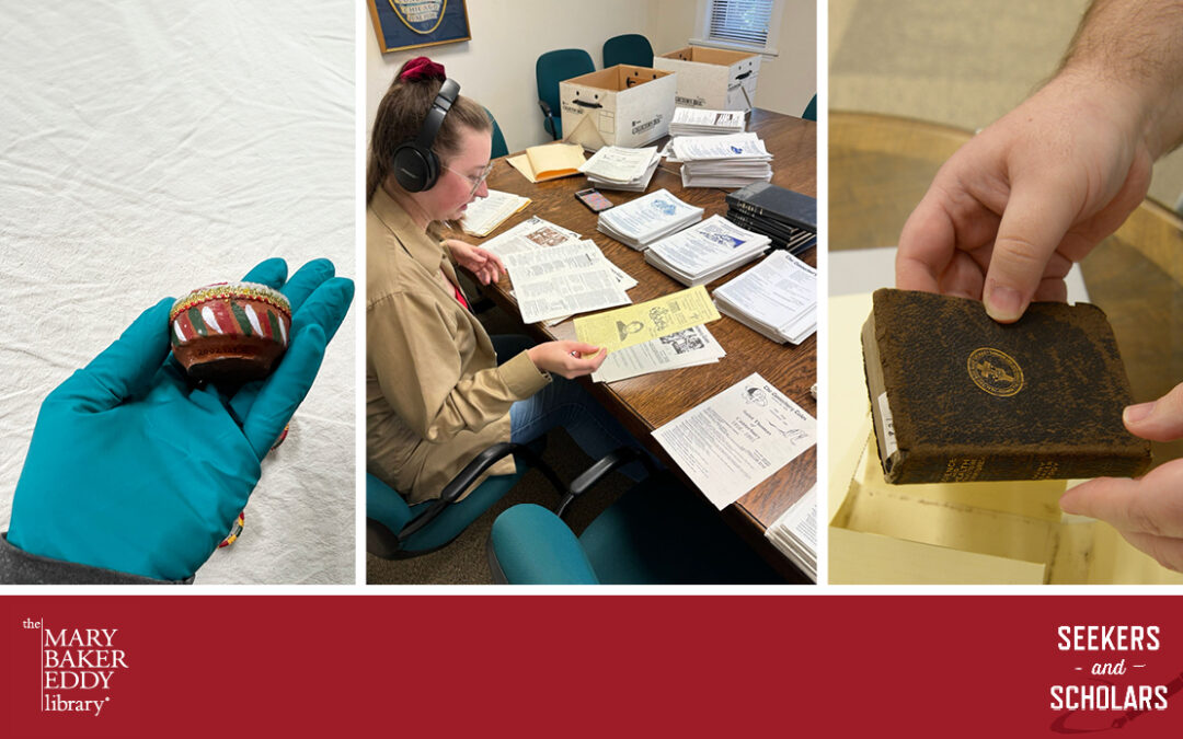 Image description: Collage of three photos. From left: A hand wearing a teal-colored rubber glove holds a small clay cup decorated with red, white, and green paint and a gold border. A female student sits at a desk, examining papers and brochures. Hands holding a pocket-sized edition of Science and Health.