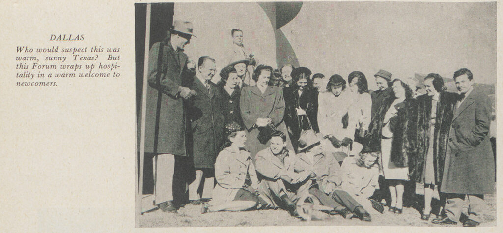 Image description: Clipping from a magazine, showing a black and white photo of a group of young adults in hats and coats posing outside for a group photo. Not everyone is looking at the camera, giving the photo a candid quality. The caption on the page reads, 