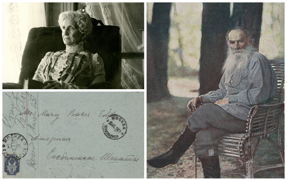 Tolstoy Collage: Images of Mary Baker Eddy and Leo Tolstoy, and a letter he wrote her.