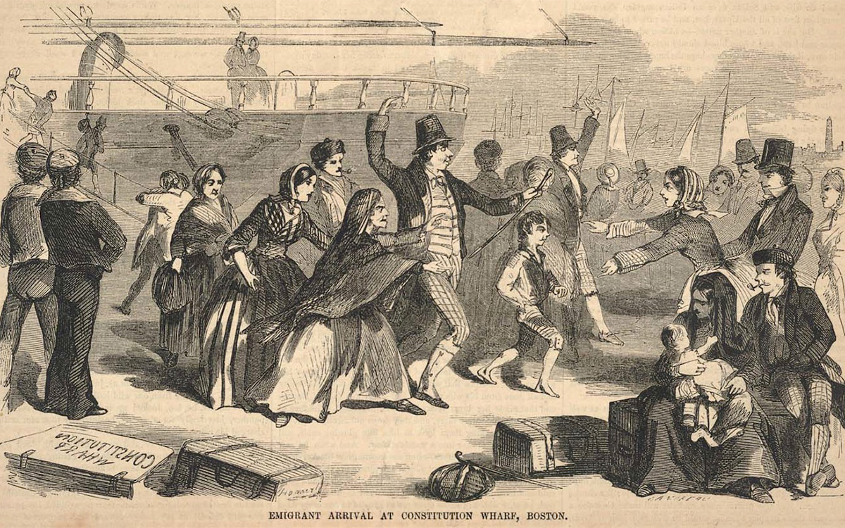 Print of “Emigrant Arrival at Constitution Wharf, Boston,” from Ballou’s Pictorial, October 31, 1857. Winslow Homer.