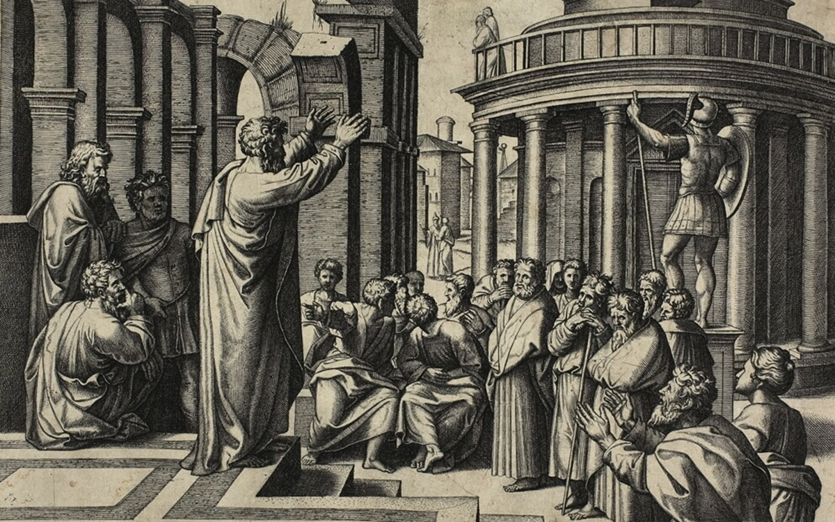 Black-and-white print depicting Saint Paul's sermon at Areopagus, an ancient court site in Athens, Greece. Paul is holding up his hands and facing the crowd, and most attendees are listening to Paul. One man kneels in the lower right-hand corner.