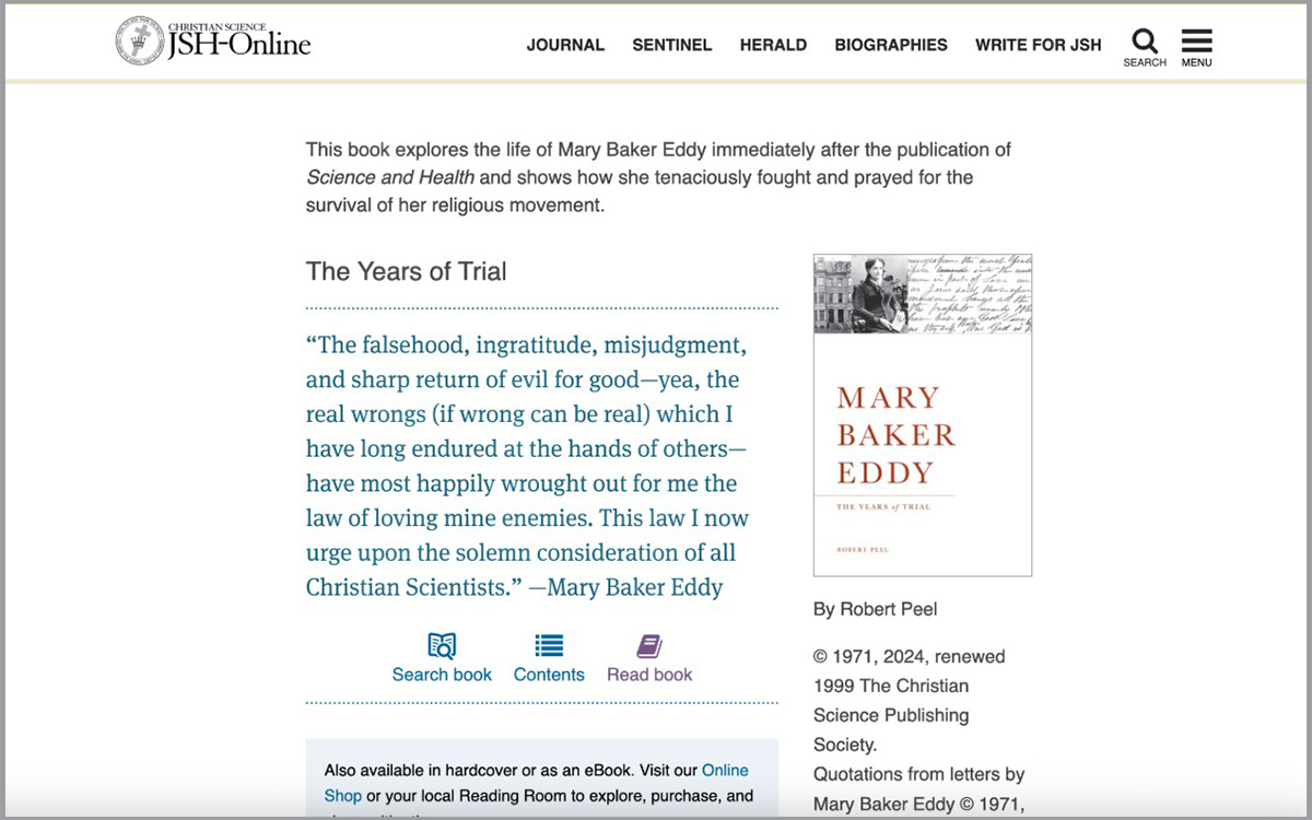 Image description: Screenshot from JSH-Online of the landing page for Robert Peel's "Mary Baker Eddy: The Years of Trial".