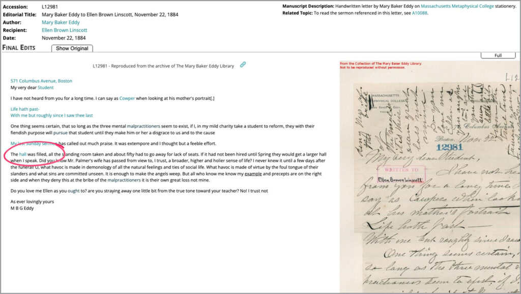 Image description: A screenshot of a page on the Mary Baker Eddy Papers site showing a letter, number L12981. A red circle on the screenshot highlights the words "The hall was filled" in the letter.