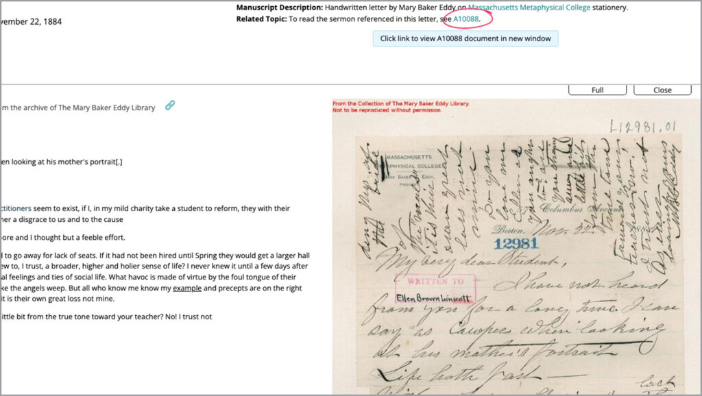 Image description: A screenshot of a page on the Mary Baker Eddy Papers site showing a letter, number L12981. A red circle on the screenshot highlights the hyperlinked text 