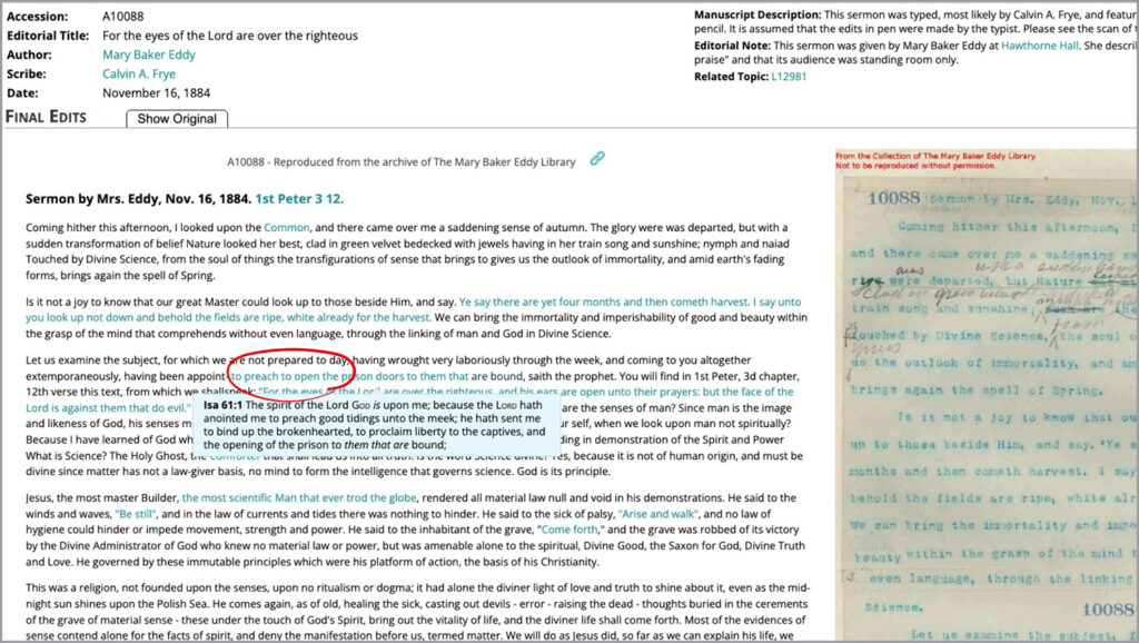 Image description: A screenshot of a page on the Mary Baker Eddy Papers site showing a sermon, number A10088. A red circle on the screenshot highlights the hyperlinked text "to preach to open the prison doors."