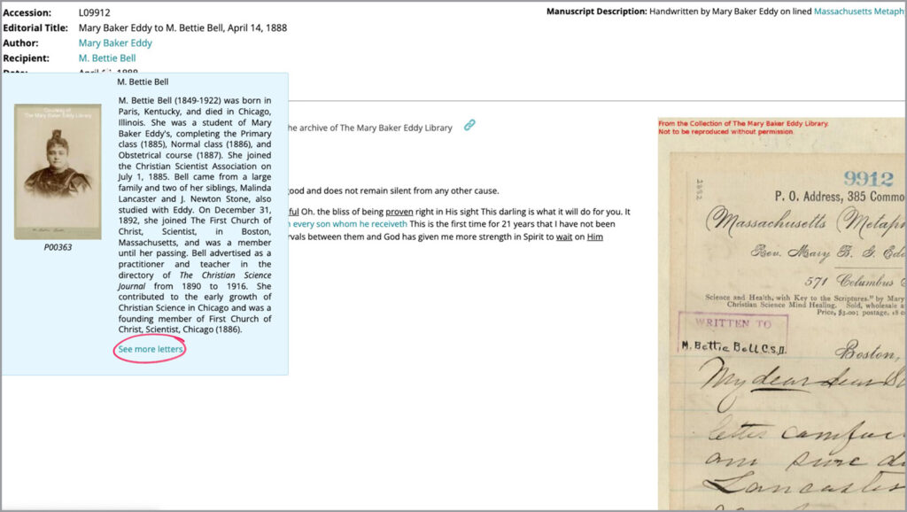 Image description: A screenshot of a page on the Mary Baker Eddy Papers site showing a letter, number L09912. A pop-up box is also visible, showing a photo and short bio of M. Bettie Bell.