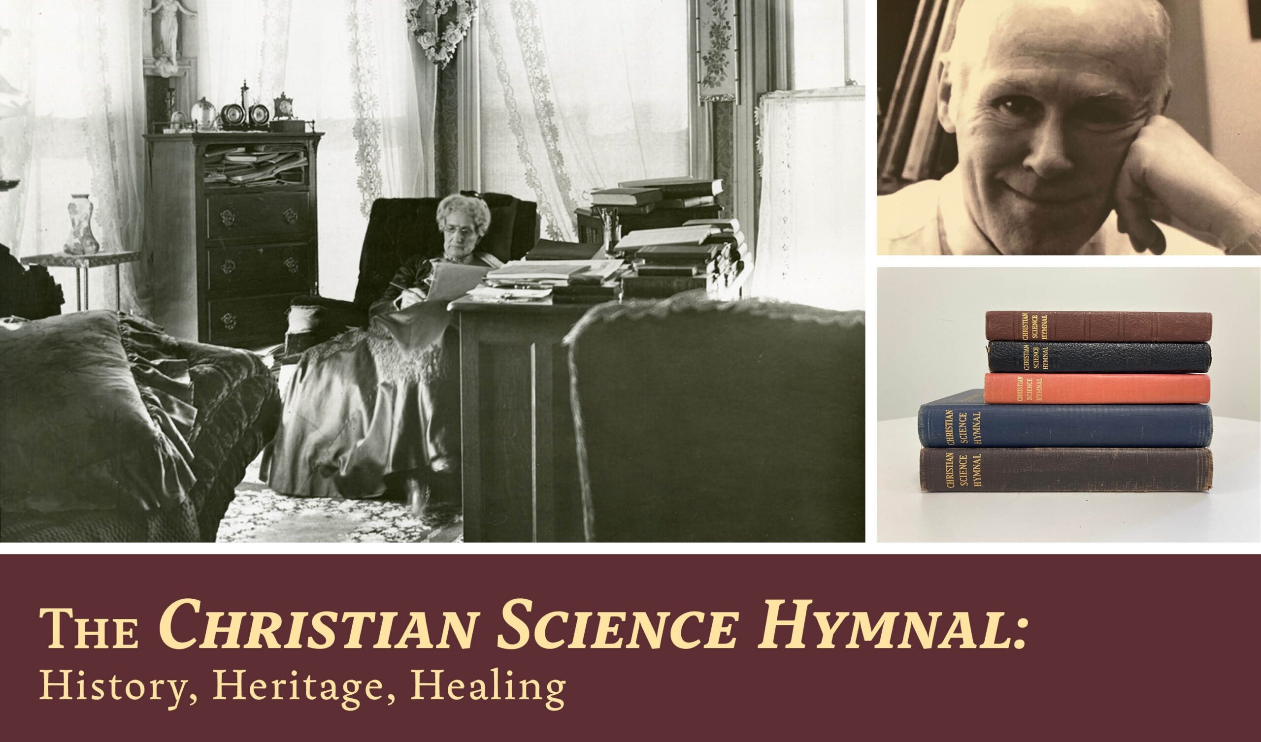 Hymnal Series Chapter 13 image. MBE sitting in her study; Image of Robert Rockabrand; Stack of CS Hymnals