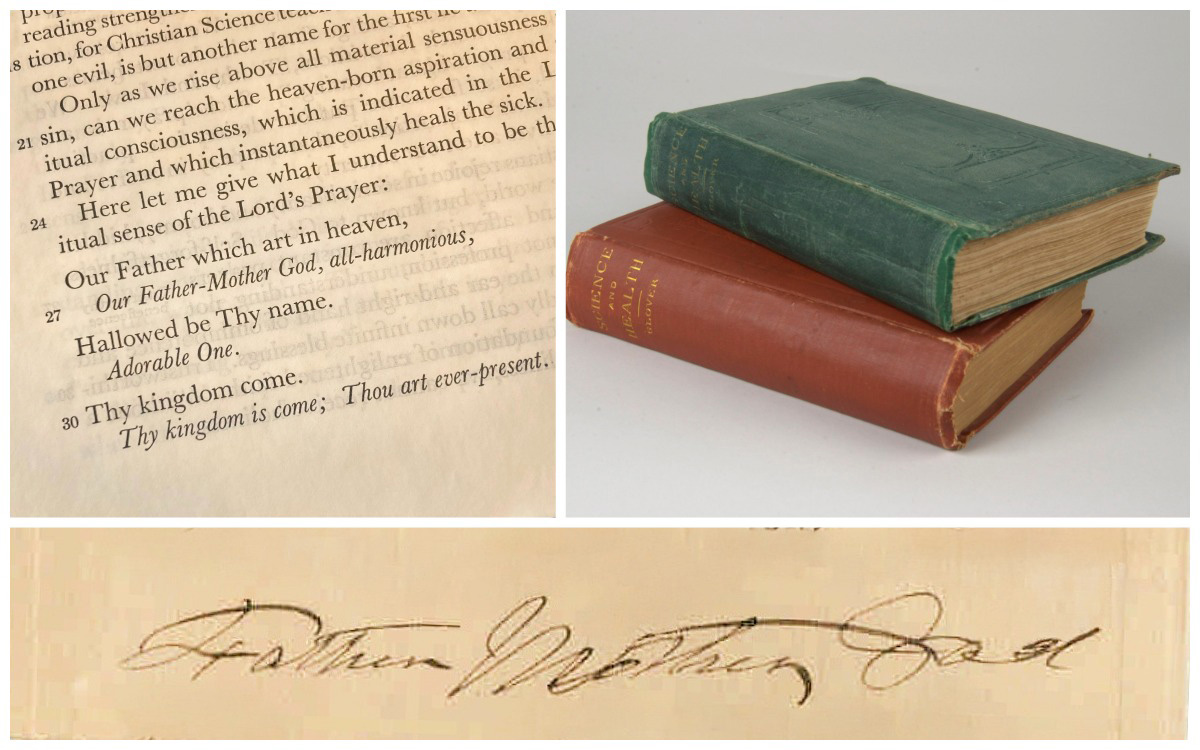 Image description: Collage with three images. From top left: A close-up photograph of the Lord's Prayer with its spiritual interpretation in Science and Health with Key to the Scriptures. The words "Father-Mother God" are visible on the page. Staff photograph of two early editions of Science and Health. The books are stacked on top of one another, one with a red cover and the other with a green cover. Handwritten wording, "Father-Mother God," on old parchment paper.