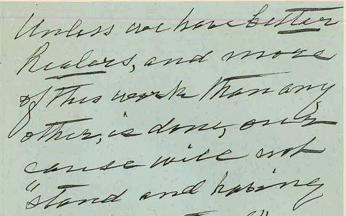 Image description: Aged green paper with words in Mary Baker Eddy's slanted cursive handwriting, beginning with "Unless we have better healers..."