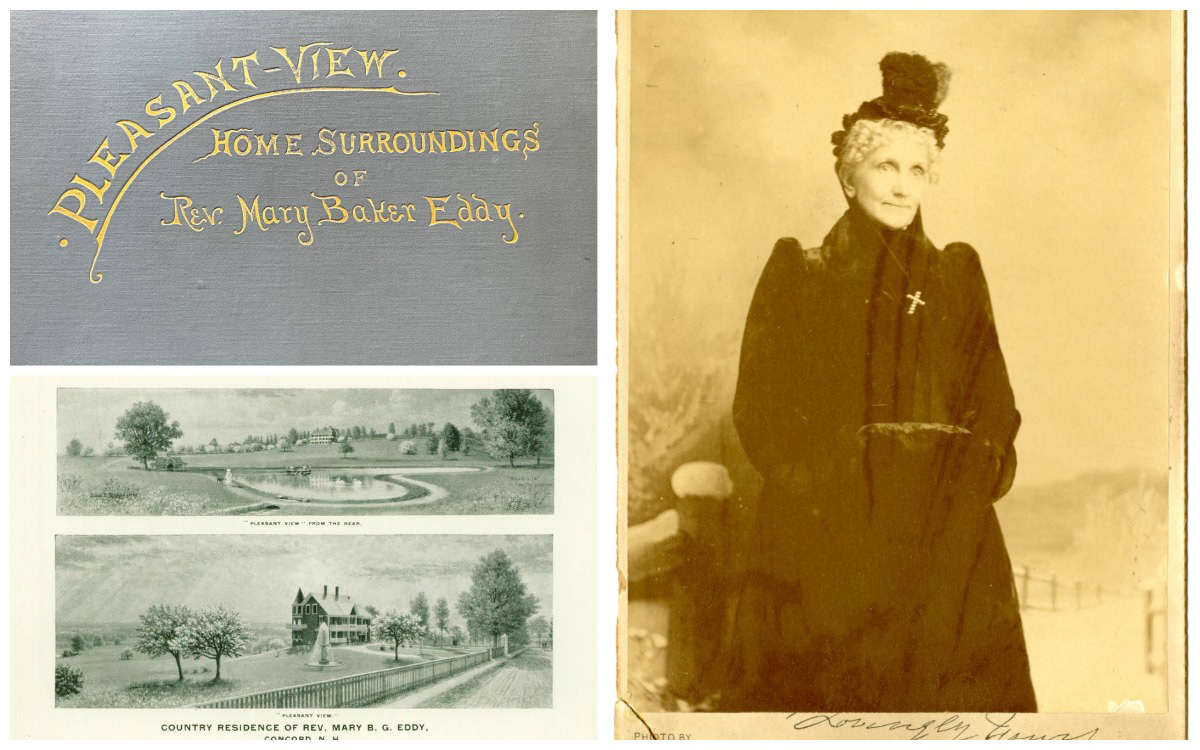 Image description: Collage of two images. From left to right: Greyscale portrait of Augusta Fairchild from a newspaper article, in which she is seated and wearing a polished outfit and eyeglasses. Here she is more senior than when she would have known Mary Baker Eddy. Handwritten letter, with writing going left to right as well as up and down on the page. The signature "Augusta Fairchild" is visible among the writing.