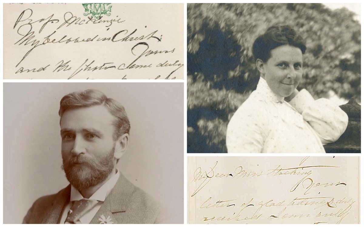 Image description: Collage of two images. From left to right: Greyscale portrait of Augusta Fairchild from a newspaper article, in which she is seated and wearing a polished outfit and eyeglasses. Here she is more senior than when she would have known Mary Baker Eddy. Handwritten letter, with writing going left to right as well as up and down on the page. The signature "Augusta Fairchild" is visible among the writing.