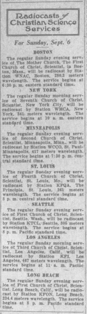 Image description: Long, narrow newspaper column in black and white. The header says "Radiocasts of Christian Science Services, For Sunday, Sept. 6." The column lists services for Boston, New York, Minneapolis, St. Louis, Seattle, Los Angeles, and Long Beach.