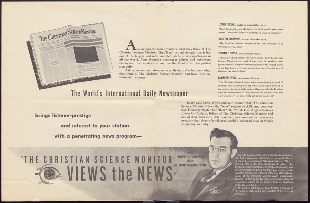 Image description: Sepia-toned newspaper advertisement with a few paragraphs of description, including testimonials from