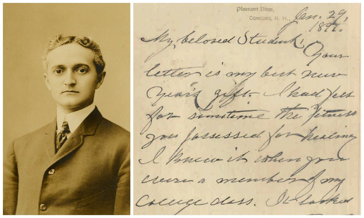 Image description: Collage of two images. From left to right: Sepia-toned portrait photograph of James Neal, wearing a buttoned-up suit jacket and tie. Letter in Mary Baker Eddy's handwriting that begins "My beloved student."